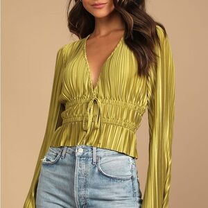 Lulus Staying Optimistic Chartreuse Pleated Bell Sleeve Top